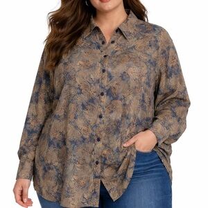 Avenue Women's Brown Blue Paisley Faux Suede Button Up Shirt Top Size 22/24